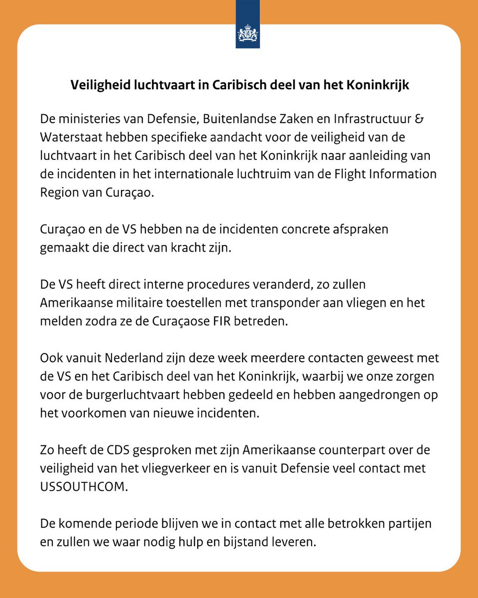 Veiligheid in het Caribisch deel van het Koninkrijk is prioriteit voor het kabinet.

Incidenten in het internationale luchtruim hebben onze volle aandacht. Met de VS zijn concrete afspraken gemaakt en procedures aangepast.

We blijven in nauw contact om incidenten te voorkomen ⤵️