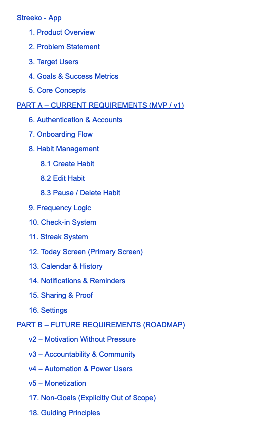 isolankiparth's tweet photo. I don't usually share docs like this, but this felt worth it.

Before writing a single line of code, I wrote a full PRD for Streeko.

Every screen, every rule, every non-goal is written down so I don't lie to myself later.

Building slow on purpose this time.

Curious: do you usually write things out first, or jump straight into code?