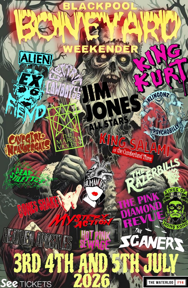 Final lineup complete for next year's Blackpool Boneyard weekender 
Tickets available here.
boneyardweekender.com
seetickets.com/event/blackpoo…
#kingkurt #heathenapostles #jimjonesallstars #gothic #rockandroll #bigbeat #horror #Festival #blackpool #music <a href="/seetickets/">See Tickets</a>