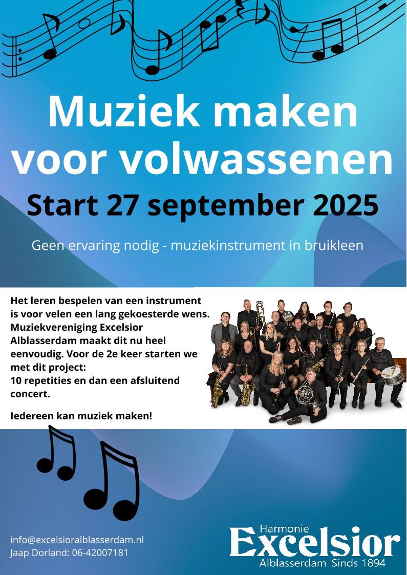Vanmiddag aanwezig bij het concert Muziek maken voor volwassenen van Muziekvereniging Excelsior Alblasserdam. Geweldig hoe je zonder ervaring in 10 weken een muziekinstrument leert bespelen en een concert kan geven. Leuk om te zien hoe enthousiast iedereen was.