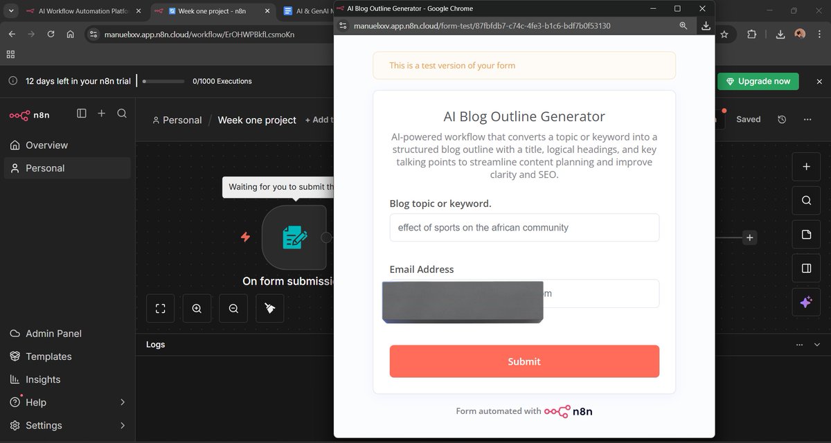 Manuelxxix's tweet photo. Worked on a project with @Uf_aliyuN using https://t.co/s0SuWQmmZx to automate blog content creation, from outlining ideas to drafting complete articles. https://t.co/gnqeTkdfrZ