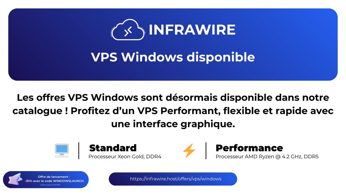 🚀 NOUVEAU – VPS Windows chez Infrawire

⚙️ Xeon Gold + DDR4
🔥 Ryzen 9 9950X + DDR5
Performance, fiabilité &amp; déploiement rapide 🖥️

🎁 -30% avec le code WINDOWSLAUNCH
⏳ Jusqu’au 27/12/2025

👉 infrawire.fr/offers/vps/win…

#VPS #Windows #Cloud #Hosting