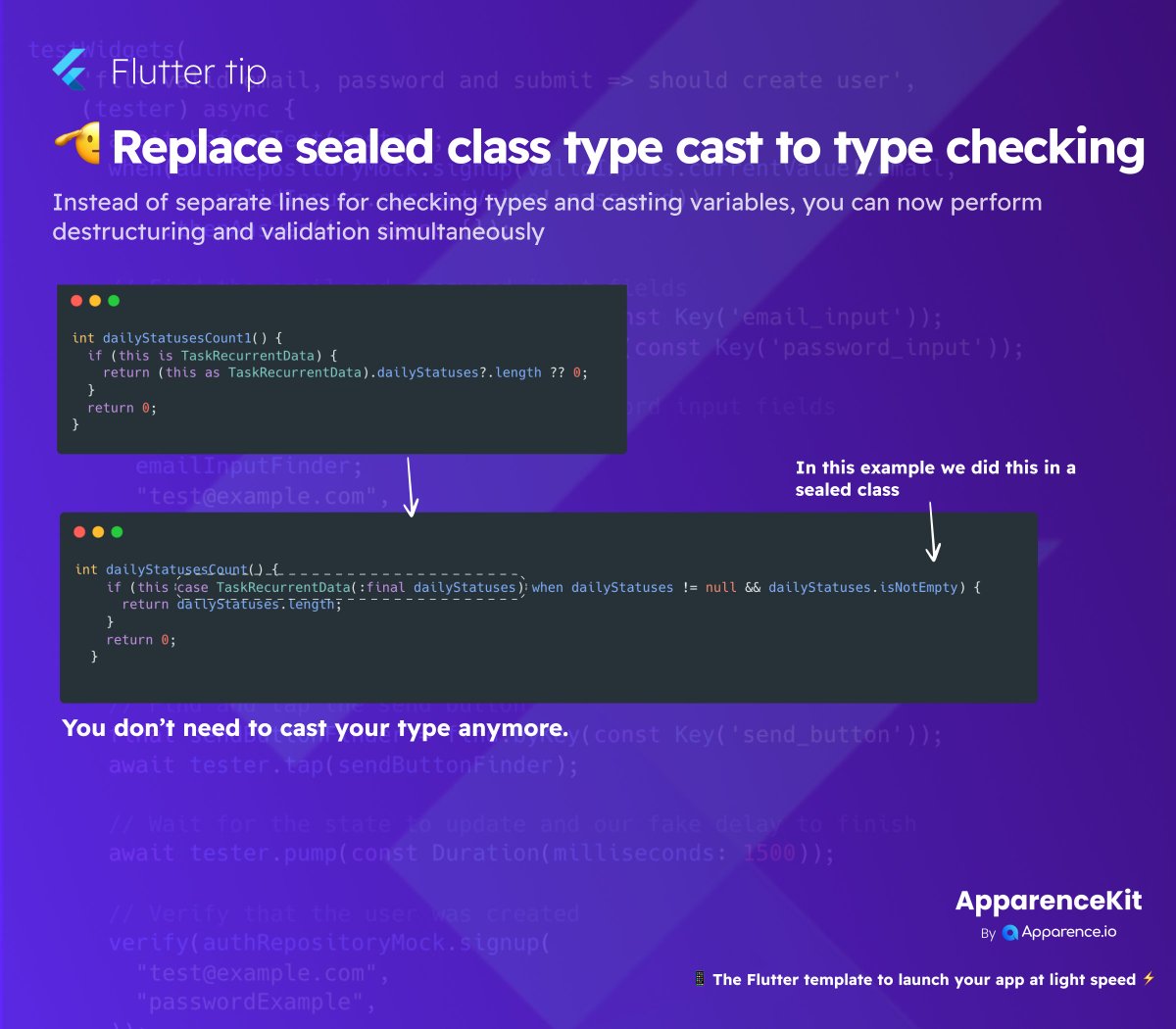 mcflyDev's tweet image. 🧐 Flutter tips
Instead of separate lines for checking types and casting variables, you can now perform destructuring and validation simultaneously

🫡 Replace sealed class type cast to type checking

#flutterdev #fluttertips