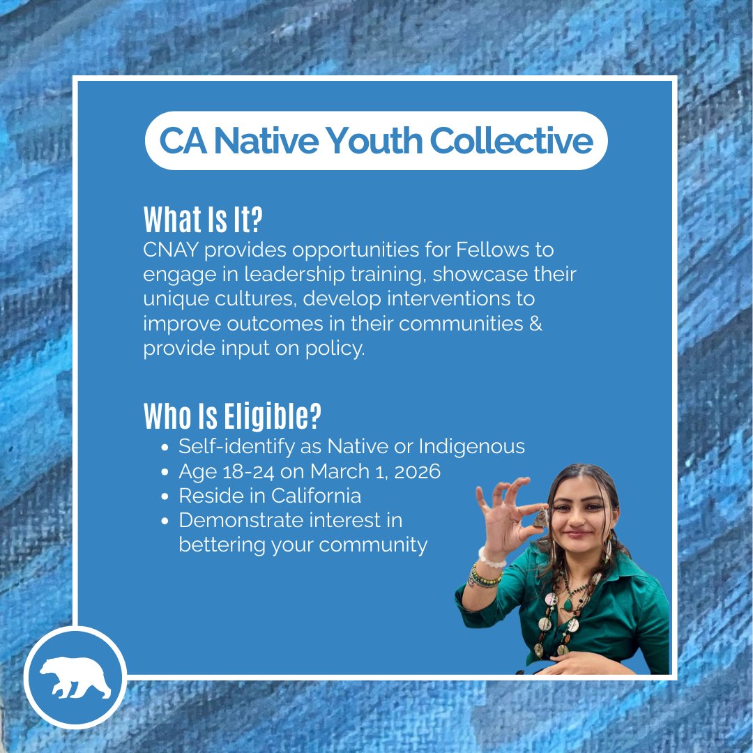 Center4Native's tweet image. Apply to be a 2026 𝑪𝑵𝑨𝒀 𝑭𝑬𝑳𝑳𝑶𝑾 by January 14 🗓️

Click through to learn more about the program, eligibility &amp;amp; how to apply. Which cohort do you want to join? Brave Heart, Remembering Our Sisters or CA Native Youth Collective?🌲❤️🐻

Link in our bio to get started 🔗