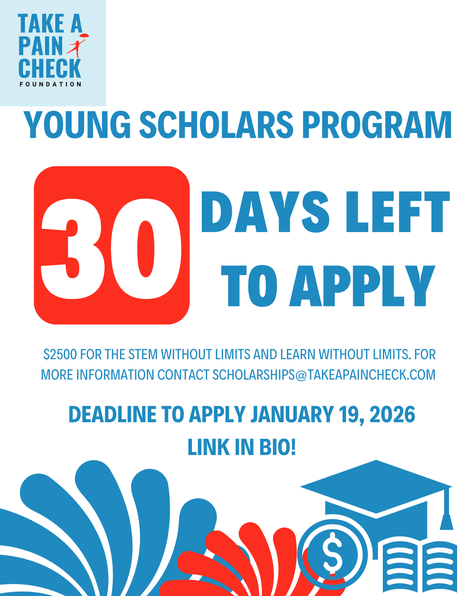 takeapaincheck's tweet photo. The countdown begins! ⏰

Only 30 days left to apply for the Young Scholars Program!

Apply now through the link in our bio.

#ScholarshipAlert #YoungScholarsProgram #Takeapaincheck #Canadian #TAPC #YoungScholarsProgram #LearnWithoutLimits #STEMWithoutLimits #ChronicIllness https://t.co/e1eqCMqHUY
