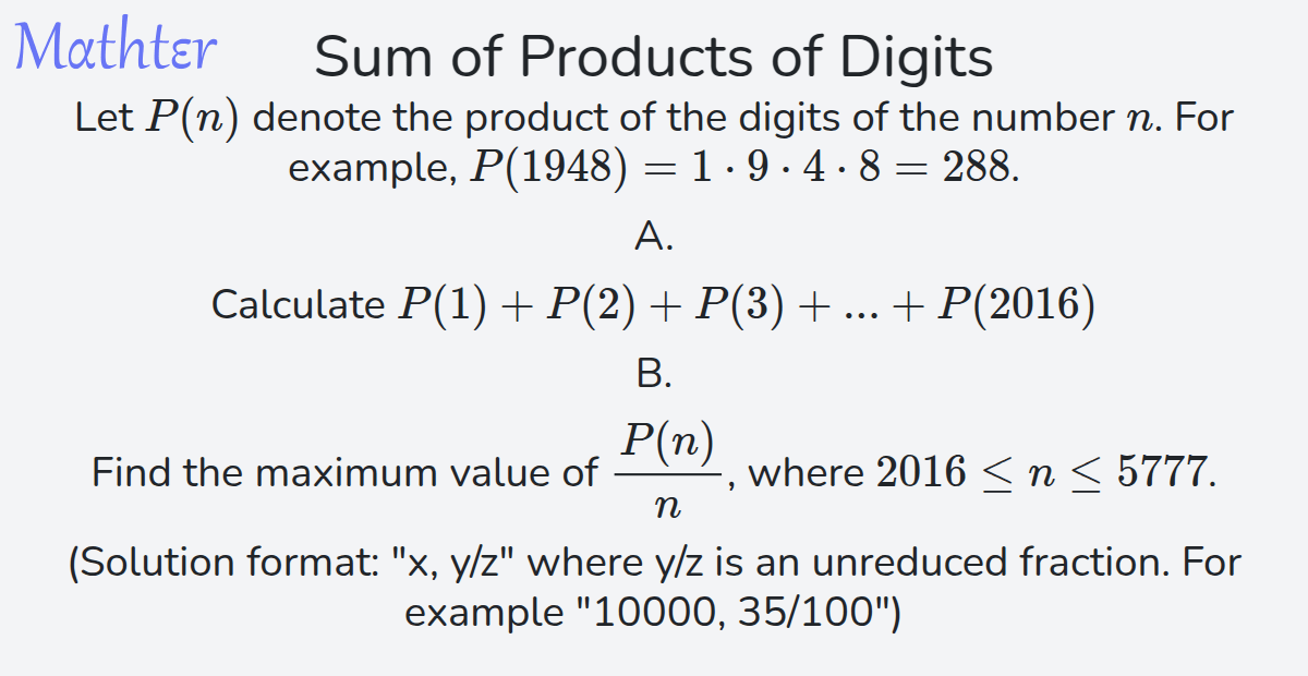 MathterRiddler's tweet photo. Puzzle from the Mathter website - Sum of Products of Digits: https://t.co/bt3H7k8635 
#Puzzle #Arithmetic #WordProblems #NumberTables #Division https://t.co/EPyBvXH2bW