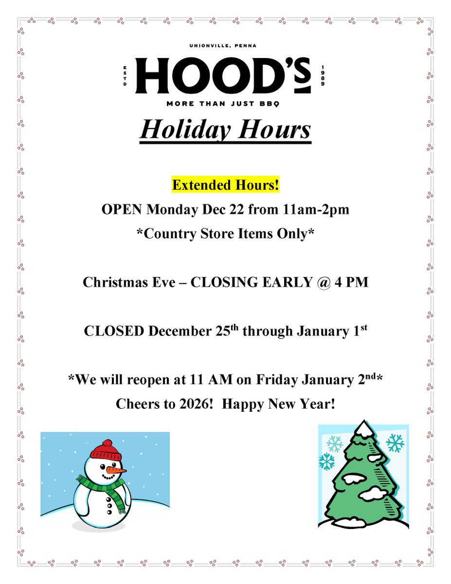 Updated Holiday Hours!
Mon. Dec 22 - 11am-2pm
Tues. Dec 23 - 11am-8pm
Weds. Dec 24 - 11am-4pm