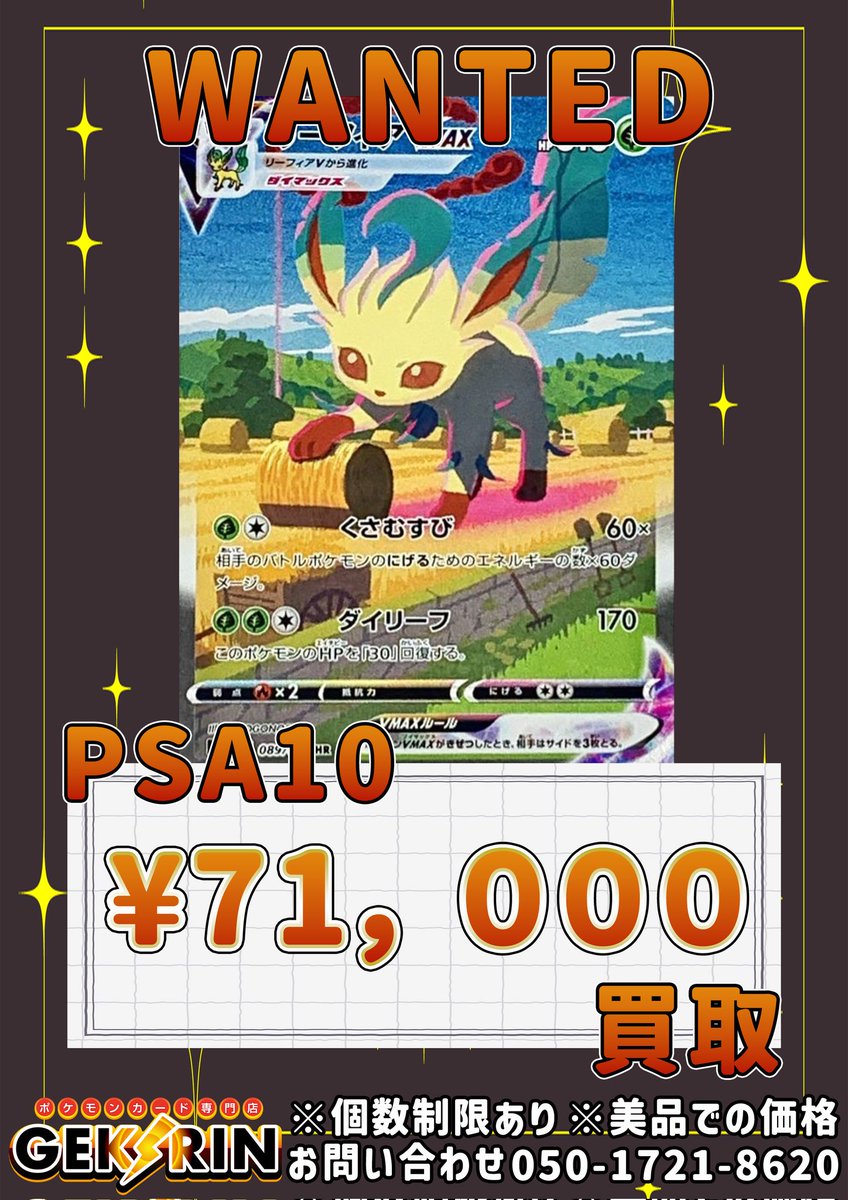 🚨💰wanted💰🚨 リーフィアVMAX HR PSA10🐶 ¥71,000💰 お持ち込み