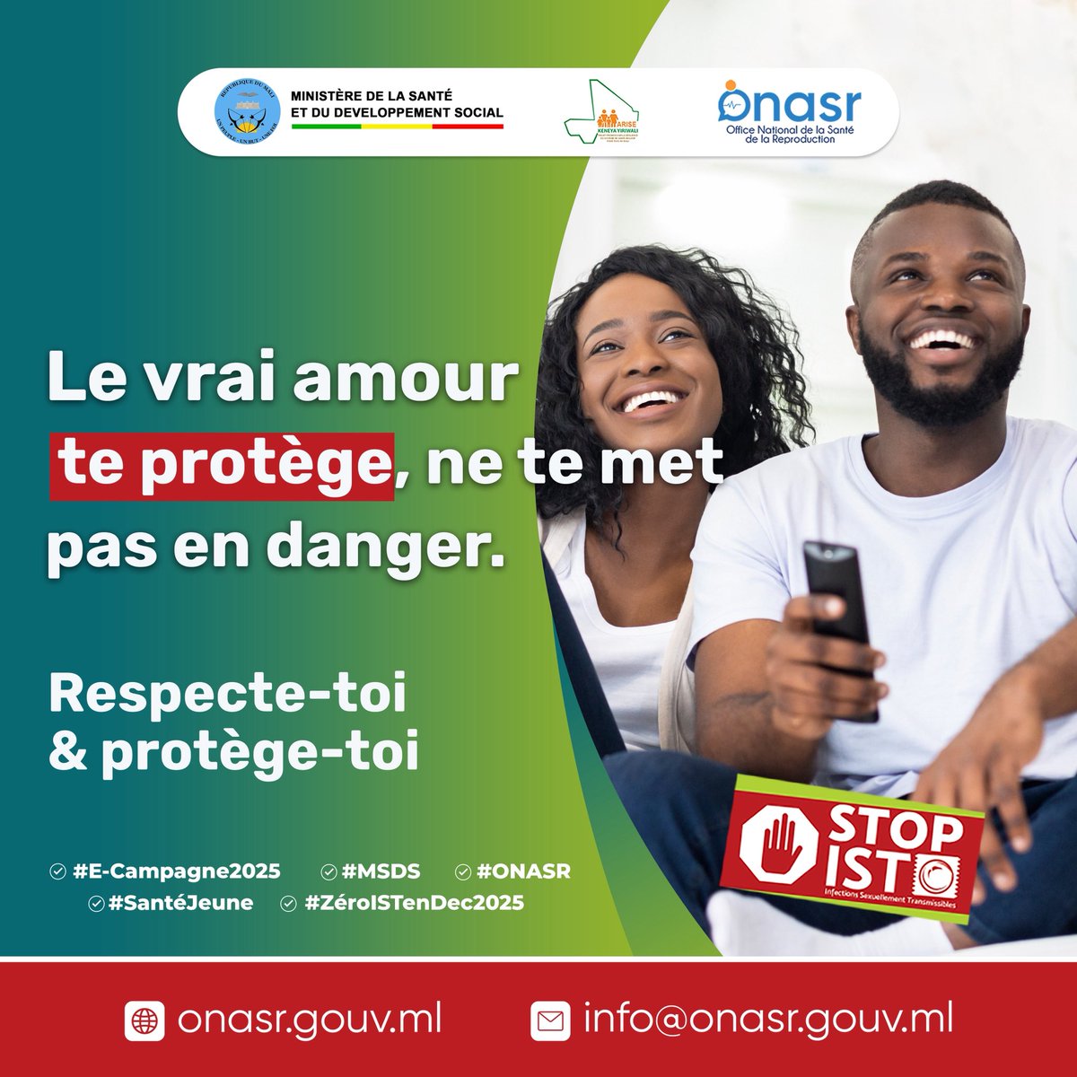 Le vrai amour te protège, ne te met pas en danger.
Respecte-toi &amp; protège-toi

#E_Campagne2025
#MSDS
#ONASR
#SantéJeune
#ZéroISTenDec2025