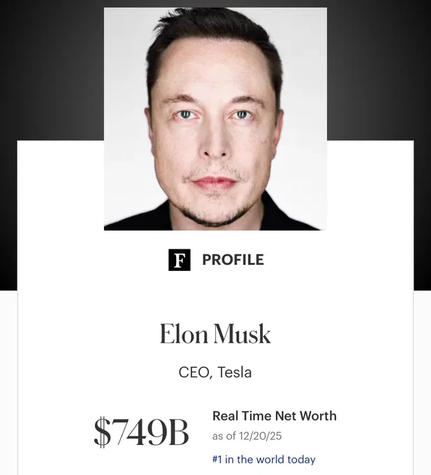 📉KOBEISSI: Elon Musk raggiunge un patrimonio netto record di 749 miliardi di dollari dopo il ripristino del suo pacchetto retributivo