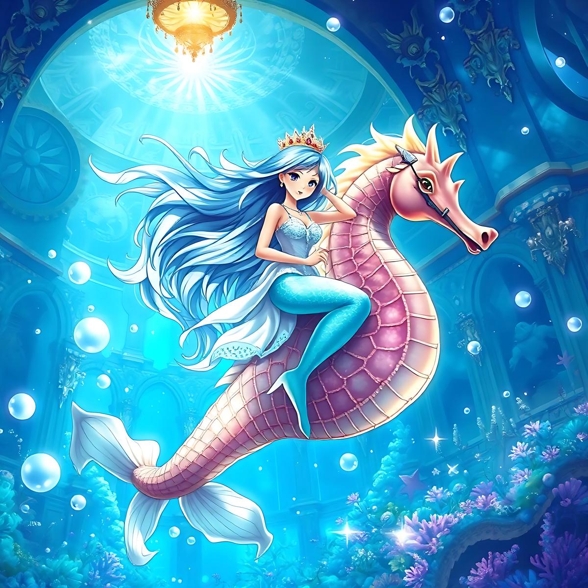 wallpapersmonst's tweet photo. Dive into a dreamy ocean fantasy 🌊: an elegant mermaid rides a majestic seahorse—vibrant blues and shimmering scales with coral accents. Perfect as a calming desktop or phone backdrop. What do you think of this wallpaper? Download link in the first comment. #Wallpaper #DesktopBackground #Art #Design