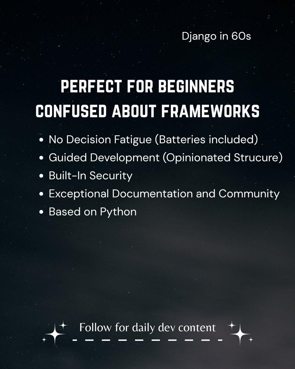 faisaliqbal95's tweet image. Django explained simply for beginners.
No hype. Just facts.
If you’re learning Python and confused about frameworks, this is your starting point.
Follow for daily dev content.

#django #pythondeveloper #pythonprogramming #learncoding #beginnerdev #python #webdevelopment