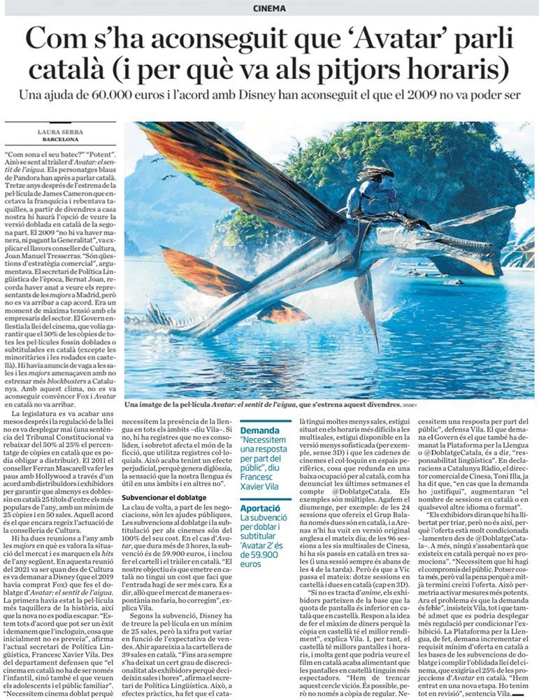 Recordem com es va aconseguir la versió catalana d' 'Avatar: El cicle de l'aigua'. Tot i els pitjors horaris, vam omplir la majoria de sessions on la pel·lícula es projectava amb el <a href="/DoblatgeCatala/">Doblatge en català</a>. Repetim la gesta amb 'Avatar: Foc i cendra'?