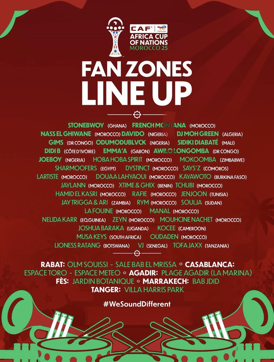 Mokoomba's tweet image. We are really excited to be part of the @caf_online Fan Zone lineup full of African stars, Proud to represent Zimbabwe, thanks to the invitation from the Ministry of Culture in Morocco and Caf and thank you all for supporting us, go warriors go and go Zimbabwe go 🇿🇼❤️
#oneafrica