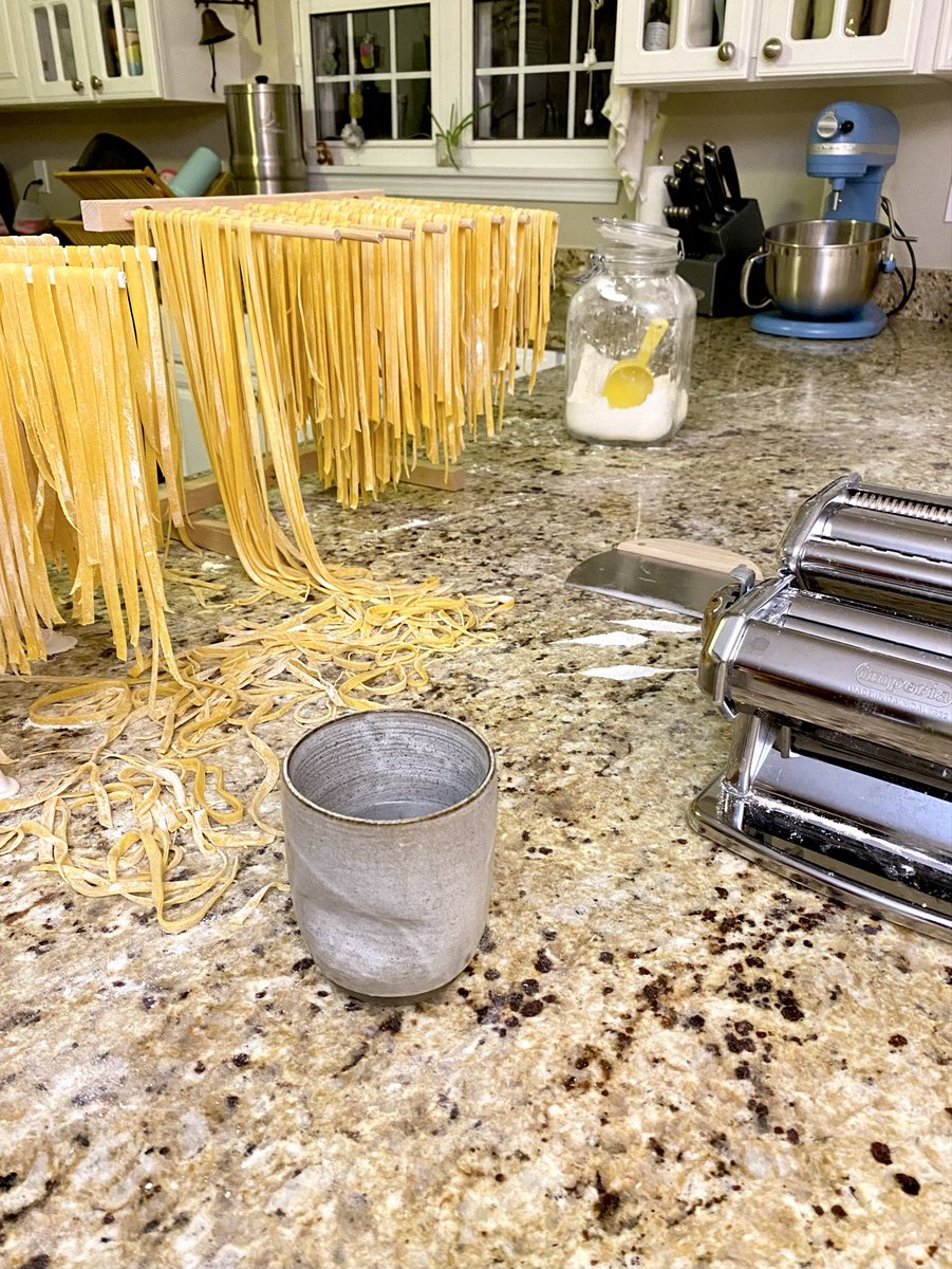 oyrpottery's tweet image. It was a “wild Friday night” of pasta making for me. Not so bad with a couple of Gin and Tonics and a good play list. 🙃     Shameless plug, your drinks taste better and are nicer to hold out of one of my handmade cups.
#homemade #homesteading #pastamaking #handmadepottery