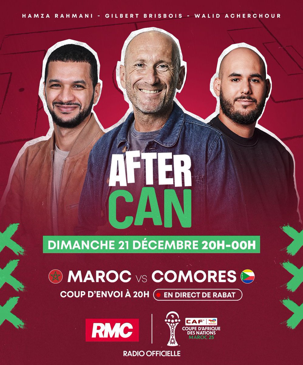 ZoneFRMF's tweet image. ❗BOOOOMBA 💥 

Demain, RMC lancera l’After Foot en direct de Rabat pour l’ouverture de la CAN 2025. Le Maroc s’apprête à lancer la plus belle CAN de l’histoire, en termes de qualité médiatique.

➖ @AfterRMC