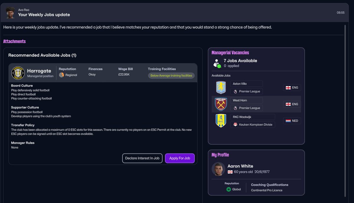 So I quit Aston Villa after winning the Club World Cup. In my time I won 2 Premier Leagues, 2 Euro Champions Cup, FA Cup &amp; Moose Cup - they are now favourites to win Premier League and most reputable team in Europe. The game, however, suggests this... <a href="/FootballManager/">Football Manager</a>