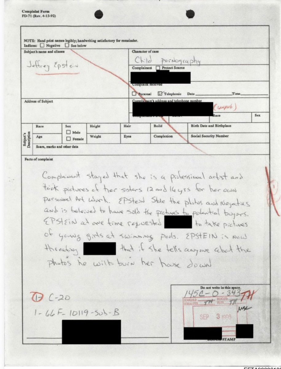 🇺🇸 EPSTEIN'S DARK HISTORY: 1996 FBI REPORT FROM MARIA FARMER - COULD EARLIER ACTION HAVE SAVED DOZENS OF VICTIMS?

Chilling stuff from the latest Epstein files: 

A 1996 FBI complaint from artist Maria Farmer details how Jeffrey Epstein allegedly stole photos and negatives of her