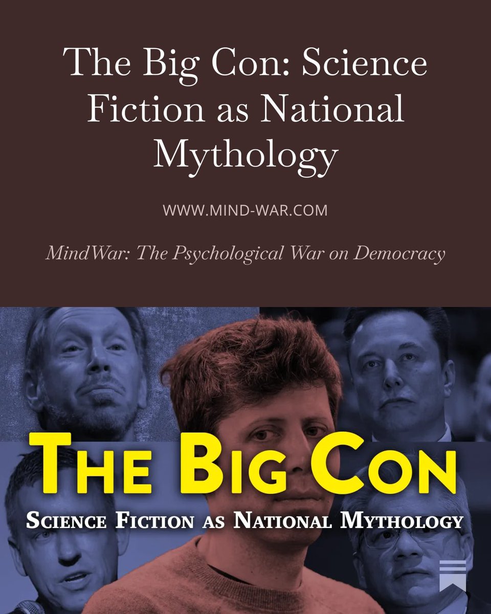 jimstewartson's tweet image. As a veteran of the dotcom era, I wrote about the Big Con—the project by a few oligarchs to control the news, social media, and AI to create a tech bro dynasty where “citizens will be on their best behavior because we’re recording &amp;amp; reporting everything.”
mind-war.com/p/the-big-con-…