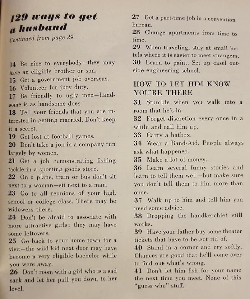 KatieMiller's tweet image. 1950’s advice on how to get a husband