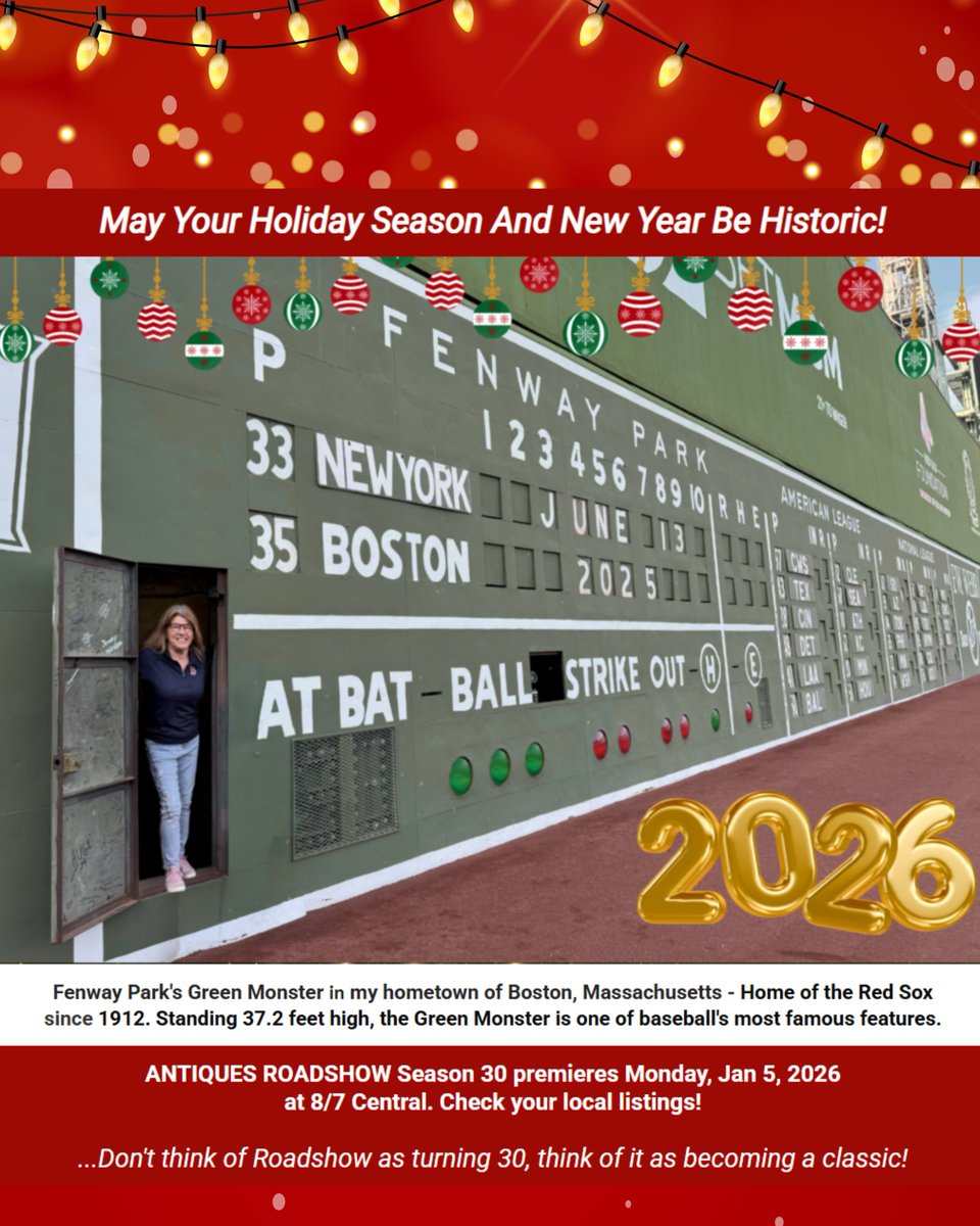 May Your Holiday Season And New Year Be Historic!

@roadshowpbs Season 30 premieres Monday, Jan 5, 2026 at 8/7 Central. 

Check your local listings!
.
.
.
.
.
.
.
#fypシ #antiquesroadshow #sportsmemorabilia #BostonRedSox #MLBHistory #thehobby #whodoyoucollect #fenwaypark #auction