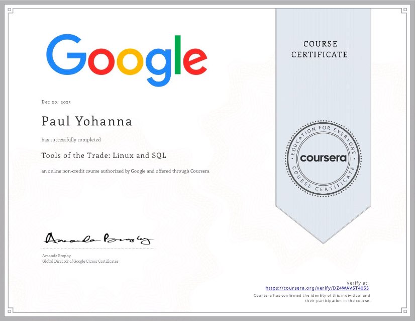 Paul_In_Defense's tweet photo. Day 97/100โฆ๐ฅ๐ฅ๐ฅ
#100DaysOfConsistencyChallenge
Completed the fourth Course of my Google Career Certificate study and earned the certificate of completion. This module gave me a deeper understanding of Linux and SQLโฆ๐๐ฝ๐ฅ๐ฅ
@ireteeh @TemitopeSobulo @segoslavia #growwithgoogle https://t.co/OlRdAhXYpY