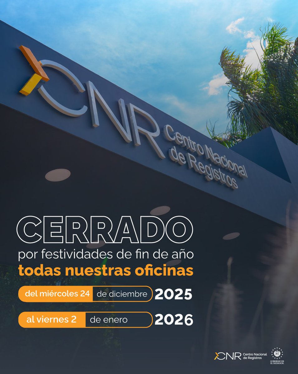 CNRSV's tweet photo. ⚠️ AVISO IMPORTANTE ⚠️
Informamos a nuestros usuarios que todas nuestras oficinas estarán cerradas desde el miércoles 24 de diciembre de 2025 al viernes 2 de enero de 2026. 

📅 La atención se reanudará el lunes 5 de enero de 2026 en nuestro horario habitual, de 7:30 a.m. a 4:00 p.m. sin cerrar al medio día.🕒