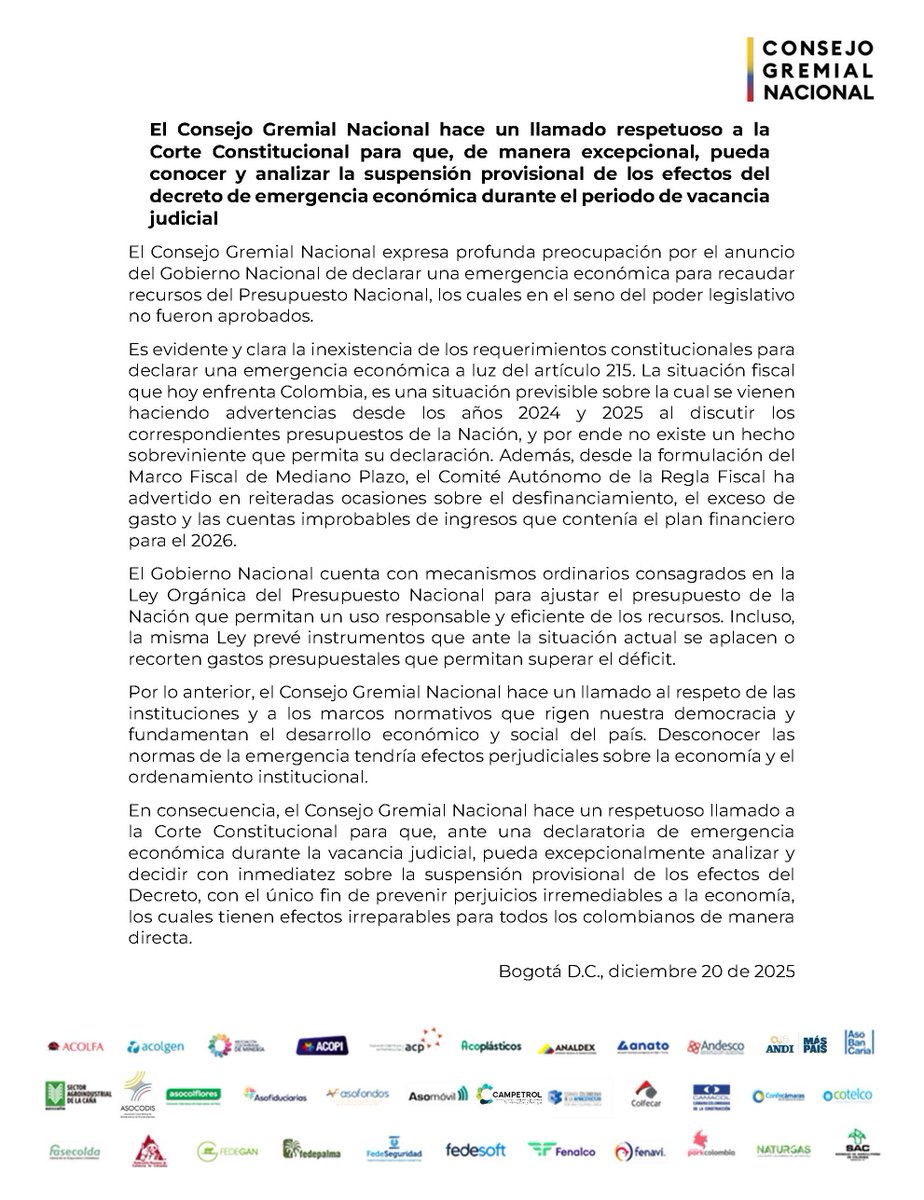 El <a href="/ConsejoGremial/">Consejo Gremial</a> hace un llamado respetuoso a la <a href="/CConstitucional/">Corte Constitucional</a> para que, de manera excepcional, pueda conocer y analizar la suspensión provisional de los efectos del decreto de emergencia económica durante el periodo de vacancia judicial.