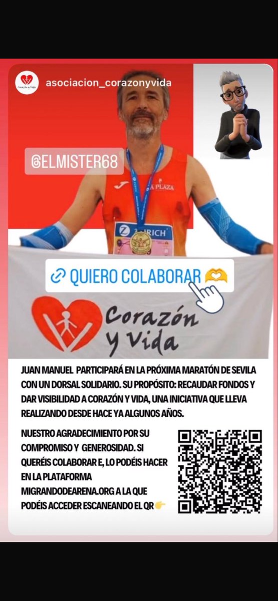 A menos de 2 meses para la <a href="/MaratonSevilla/">Zurich Maratón de Sevilla</a> sigo pidiendo tu ayuda para conseguir mi reto solidario a favor de la asociación <a href="/Coraznyvida/">Asociación Corazón y Vida</a> 

AYUDA A LOS PEQUEÑOS CON CARDIOPATÍAS CONGÉNITAS  migranodearena.org/reto/ayuda-a-l…

<a href="/Ayto_Sevilla/">Ayuntamiento de Sevilla</a> <a href="/MenudosMenudos/">Menudos Corazones</a>