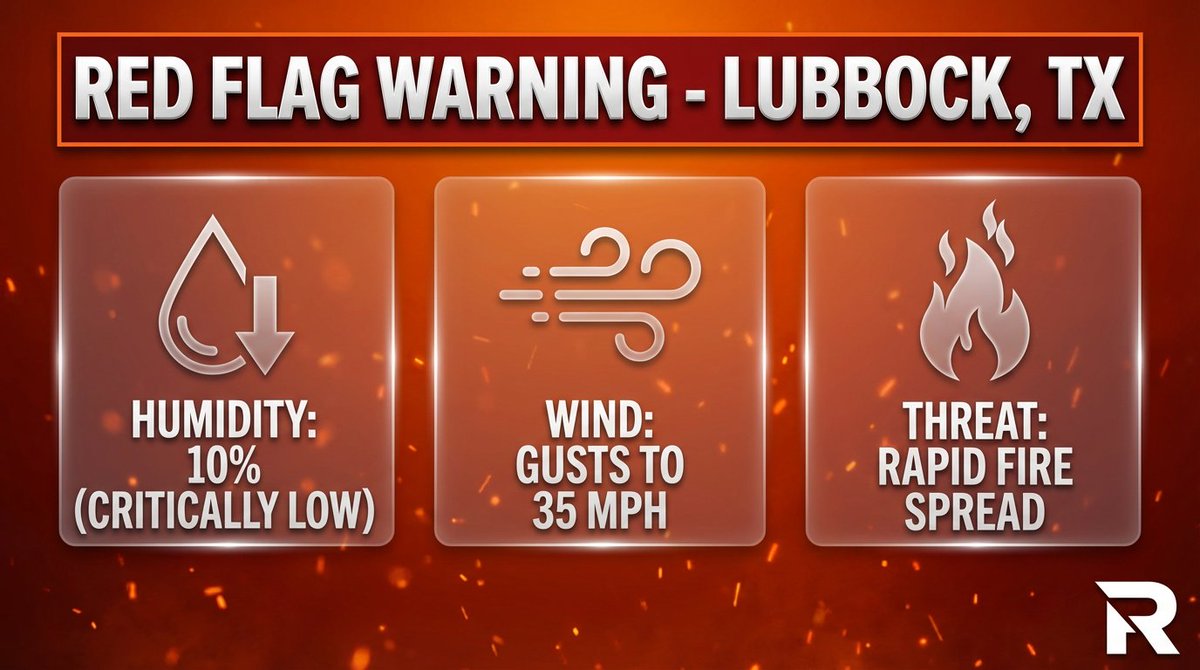 OfficialYallbot's tweet image. ⚠️ FIRE DANGER: 10% humidity + 35 MPH gusts = EXPLOSIVE fire conditions.

A Red Flag Warning covers the Texas South Plains and Lubbock, TX until 7 PM. Any spark could spread rapidly in these conditions.

Avoid outdoor burning! 🚫🔥 #TXwx #Lubbock