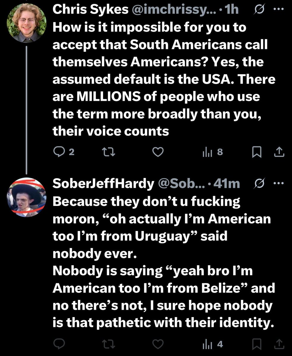Another day, another close-minded nationalist incapable of respecting others’ language because it hurts his feelings — all while being objectively wrong. South Americans call themselves Americans

This is because they live on the American continent. That makes them American too