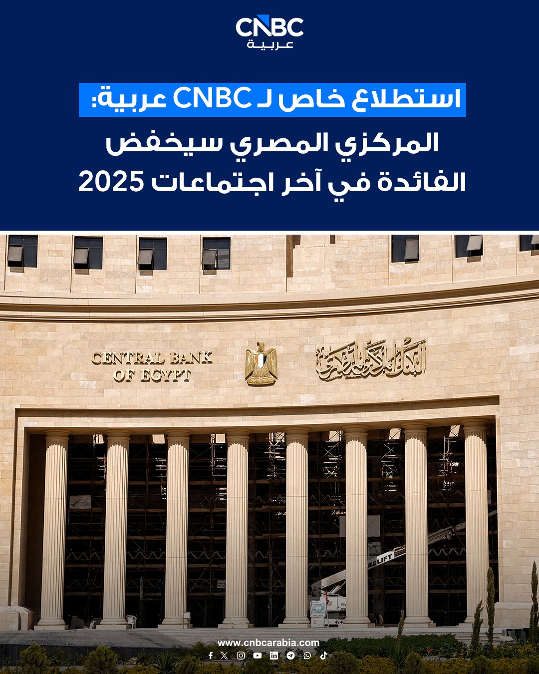 استطلاع خاص لـ CNBC عربية: المركزي المصري سيخفض الفائدة في آخر اجتماعات 2025. تباطؤ التضخم سيدعم قرار البنك المركزي المصري بخفض الفائدة الخميس المقبل.. هذا ما خلص إليه استطلاع أجرته CNBC عربية وشمل 11 محللاً وخبيراً اقتصادياً في شركات وبنوك استثمار محلية وعالمية. معظم المشاركين يتفقون على أن المركزي سيواصل دورة التيسير النقدي في اجتماعه الأخير لهذا العام #عاجل 