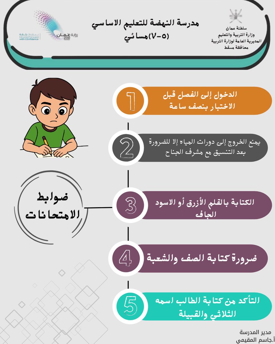 الالتزام بضوابط الاختبارات مسؤولية الجميع، مع تمنياتنا بالتوفيق لأبنائنا الطلبة .

#تعلم_مستدام