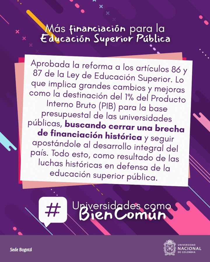 #ComunidadUNAL ¡Celebremos este logro histórico! Con la aprobación de la reforma a los Artículos 86 y 87 de la Ley 30, el 1% del PIB será destinado a la base presupuestal de universidades públicas 🎓 Un triunfo de la lucha colectiva por la educación 🎉🏛️ | <a href="/BogotaUNAL/">Sede Bogotá - Universidad Nacional de Colombia</a>