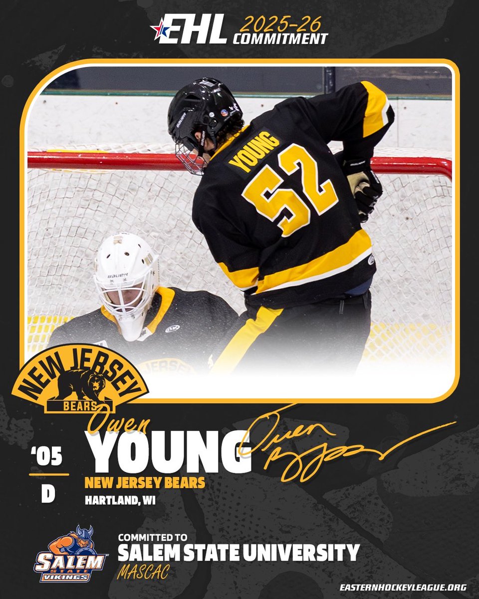 EHL_Hockey's tweet image. Owen Young Commits to Salem State University   

@NJBearsHcky Defenseman to join Vikings for the upcoming Spring Semester.

🔗: easternhockeyleague.org/2025/12/owen-y…

#WherePlayersComeFirst | #DevelopPromoteAdvance