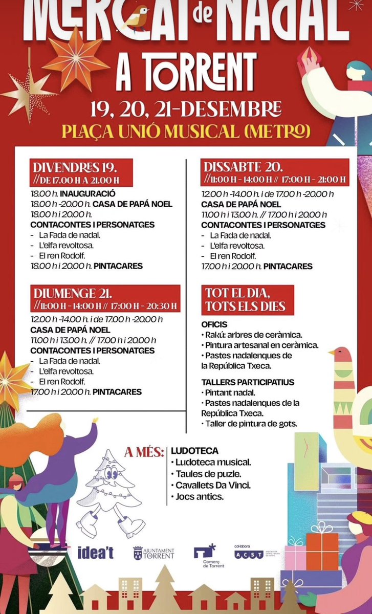 comerciotorrent's tweet image. ⭐️🎄 Desde #ACST. Asociación de Comerciantes y Servicios de #Torrent os recordamos que este fin de semana un buen número de nuestros asociados os esperan en el “Mercat de Nadal de Torrent” (Pl Unió Musical) !!

👍🏻 No te lo pierdas !

@Aj_Torrent @IDEAT_Torrent 
#comerciodetorrent