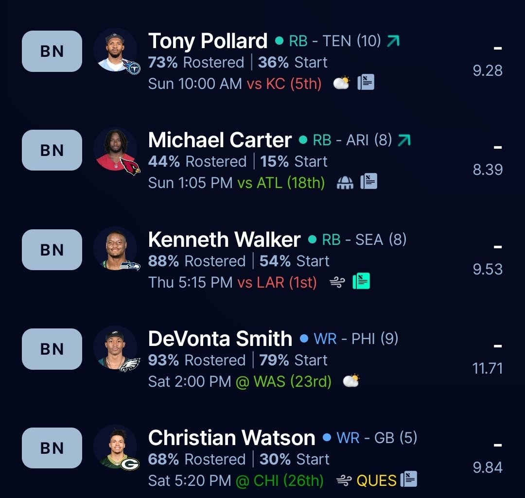 jgd1281's tweet photo. @lukesawhook half PPR need 3. Judkins, T. McMillan, M. Wilson, E. Wilson, M. Carter, D. Smith (PHL) or C. Watson https://t.co/Y3di3KLlOe