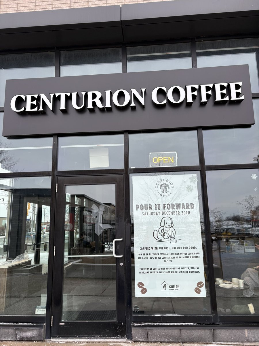 If you need a coffee break in the South end today consider <a href="/CoffeeCenturion/">Centurion Coffee</a> new location on Clair and support <a href="/GuelphHumane/">Guelph Humane Society</a> at the same time!