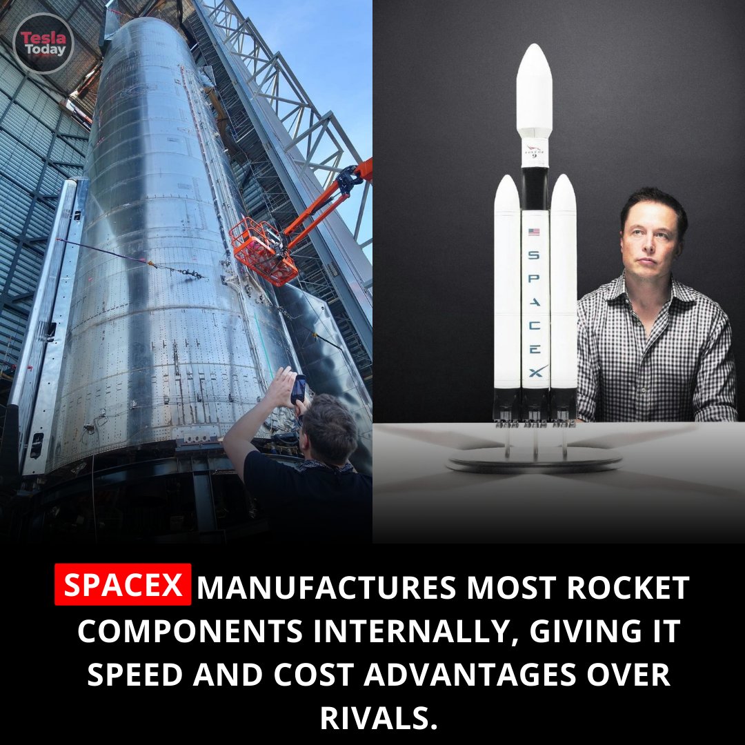 TeslaToday_'s tweet image. SpaceX manufactures most rocket components internally, giving it speed and cost advantages over rivals.

#SpaceManufacturing #RocketEngineering #VerticalIntegration #AerospaceTech #Innovation #SpaceX #Engineering