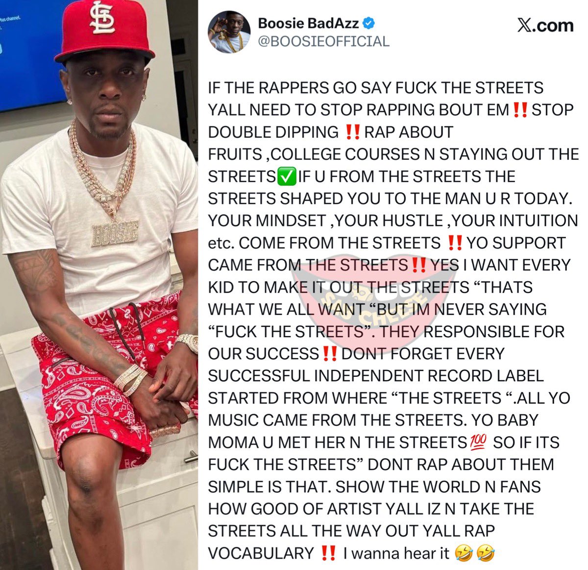 SaycheeseDGTL's tweet image. Boosie says if rappers are going to say 'F*ck the streets', they need to stop rapping about them