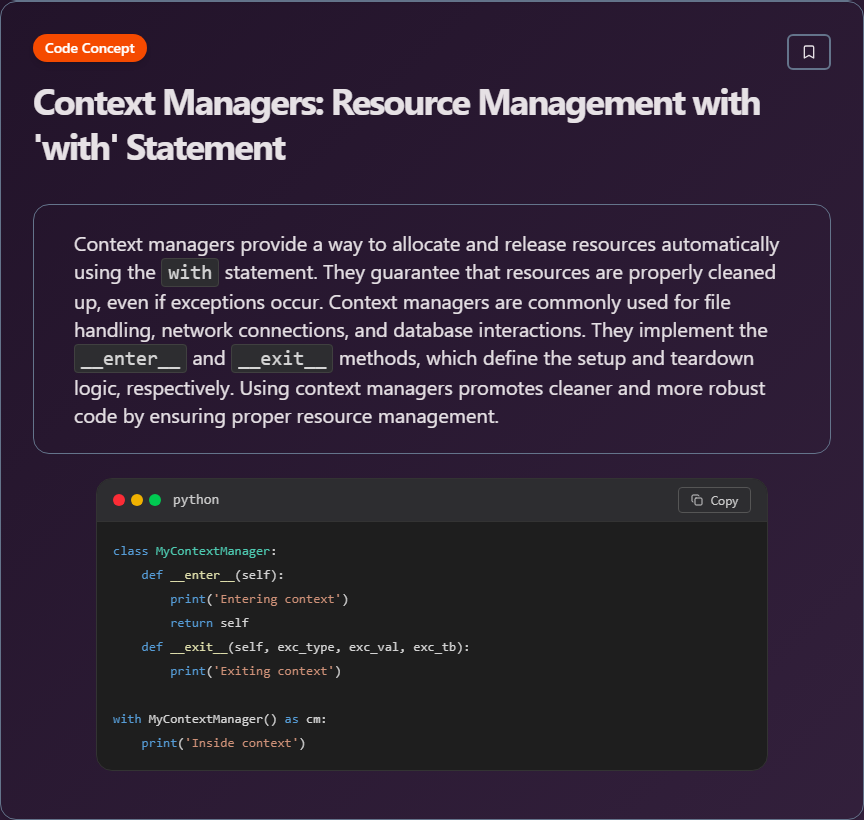 techielearns's tweet image. ✨ Context Managers: Resource Management with 'with' Statement (Python)

#Python #PythonDev #DataScience #WebDev #100DaysOfCode #DevLife