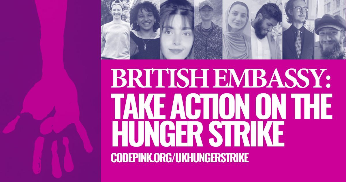 codepink's tweet image. Political prisoners are on their 49th day of hunger strike in British prisons.

✍️ Write to the British Embassy to urge them to act now:
codepink.org/ukhungerstrike