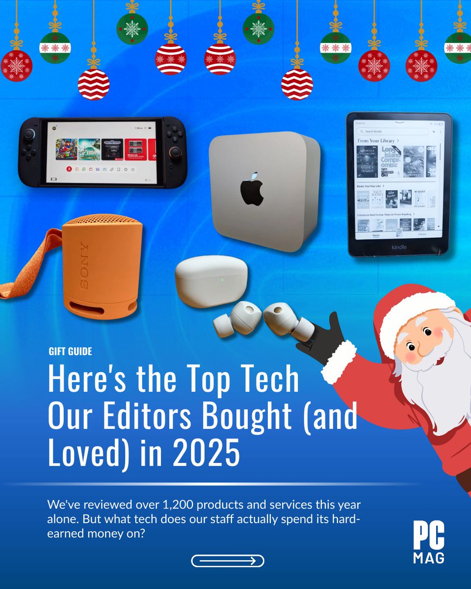 PCMag's tweet image. PCMag tested over 1,200 products this year, but what our experts buy with their own cash reveals their true favorites. 

Curious to know the complete list? Head to PCMag 👉️ bit.ly/4akBMeK

#giftguide #techgifts  #holidayshopping