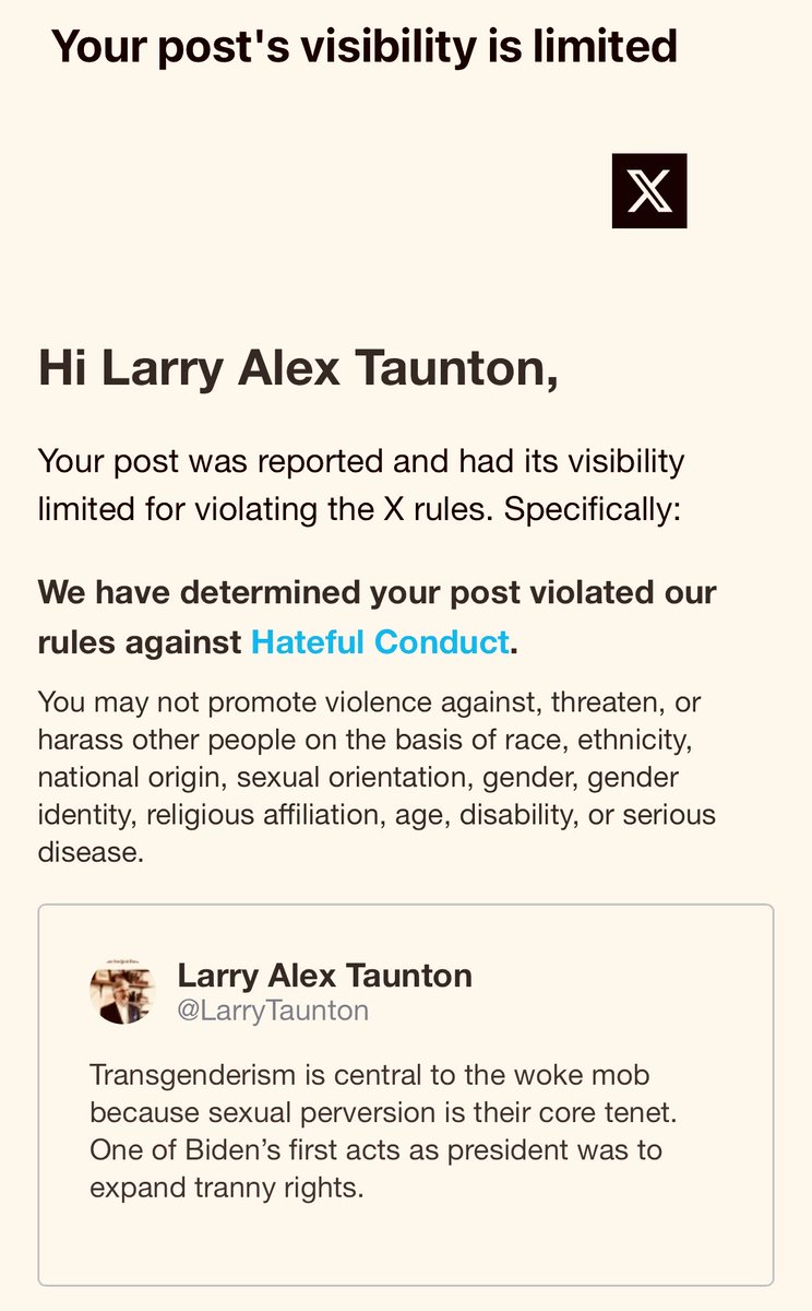 LarryTaunton's tweet image. X sent me this email.

Apparently pointing out that “Congresswoman Sarah” is really Congressman Tim who is hellbent on mutilating children is against X rules.

The old regime is still in charge at X.

Free speech, @elonmusk?

I think not.
