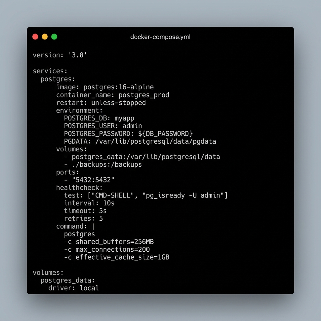 vib3c0ding's tweet image. self-hosting postgres is easier than you think. here's the complete setup that saves me $800/year 🧵

start with a solid docker compose config. alpine keeps it lightweight, health checks ensure reliability

#postgres #devops #selfhosted