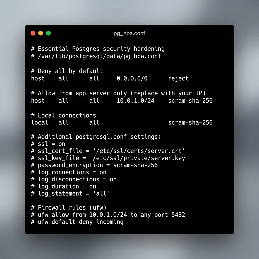 vib3c0ding's tweet image. lock it down tight. whitelist IPs, use scram-sha-256, enable SSL. firewall rules are your friend

pg_hba.conf controls who can connect. deny all by default, allow only what you need. security first

#security #postgres