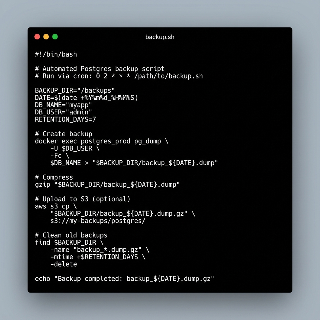 vib3c0ding's tweet image. automated backups are non-negotiable. this script runs daily via cron, keeps 7 days local, uploads to s3

pg_dump with custom format (-Fc) gives you the best compression and flexibility for restores

#postgres #backups