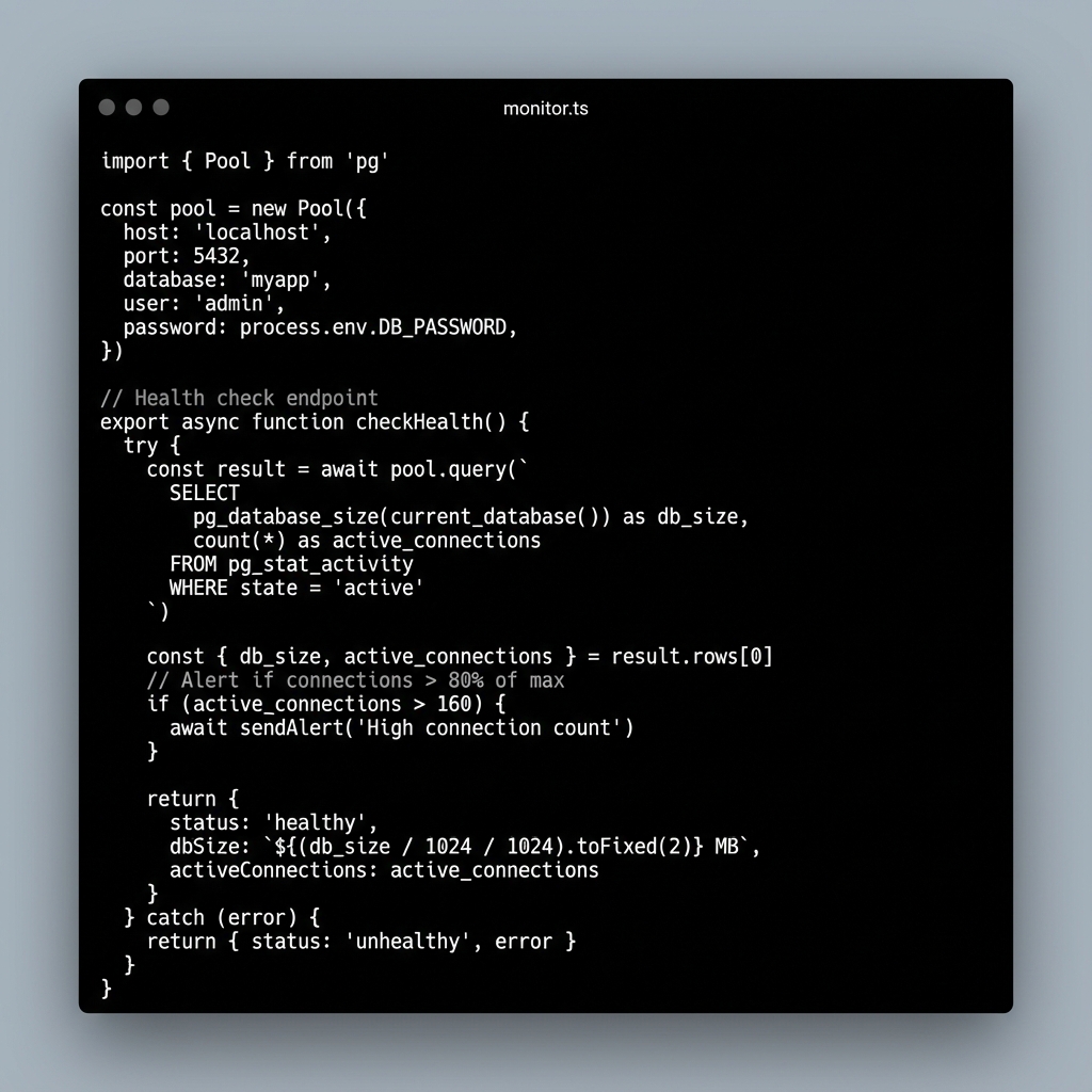 vib3c0ding's tweet image. basic health monitoring catches issues early. track db size and connection count, alert before limits hit

pg_stat_activity is your friend. simple queries give you everything you need to know

#monitoring #postgres