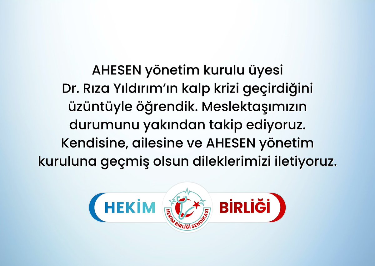 AHESEN yönetim kurulu üyesi Dr. Rıza Yıldırım’ın kalp krizi geçirdiğini üzüntüyle öğrendik. Meslektaşımızın durumunu yakından takip ediyoruz. Kendisine, ailesine ve AHESEN yönetim kuruluna geçmiş olsun dileklerimizi iletiyoruz.