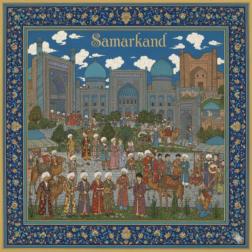 fardevio's tweet photo. Persian miniatures with @NanoBanana (slightly changed prompt by @PavolRusnak):

CITY=Tashkent,Uzbekistan

Present a Persian miniature image of [CITY], featuring its most iconic landmarks and architectural elements, people in national outfit. Follow the colors and styling in the style of Kamāl ud-Dīn Behzād.

At the top-center, place the title “[CITY]” in original text (NOT in Arabic).
The text finds the right place in the illustration can overlap with buildings.
Make it 1080x1080.